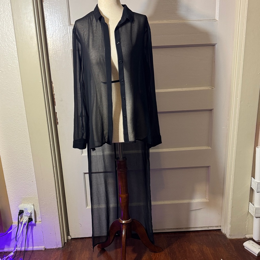 Sheer Black Long hi-low Shirt duster blouse